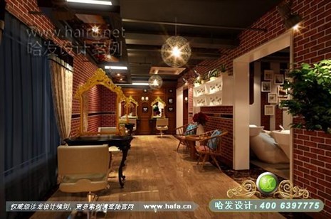 上海省上海市本案采用大面积红墙砖与木纹的配合，营造怀旧复古的风格理发店装修案例