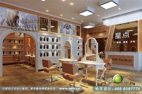 江苏省宿迁市本案表现的是简约欧式风格体现时尚清新、浪漫温馨发廊设计案例